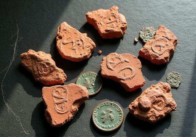 Frammenti di ceramica romana e monete antiche in un'ambientazione archeologica